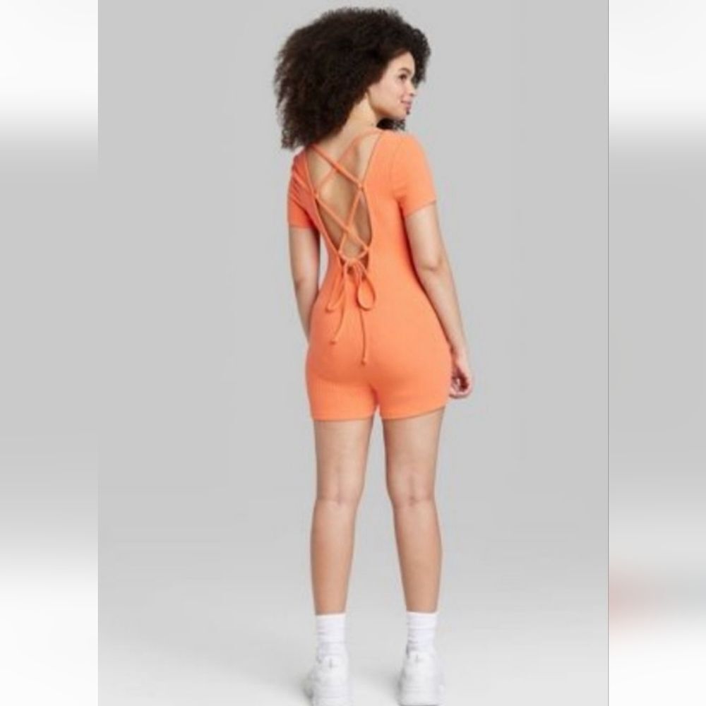 Womens Orange  Short Sleeve Lace Up Back Fitted Romper - Picture 3 of 6